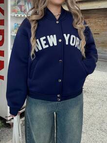 INAWLY Women's Casual Sports College Style Letter Embroidery Drop Shoulder Loose Baseball Jacket - Navy Blue - View 4