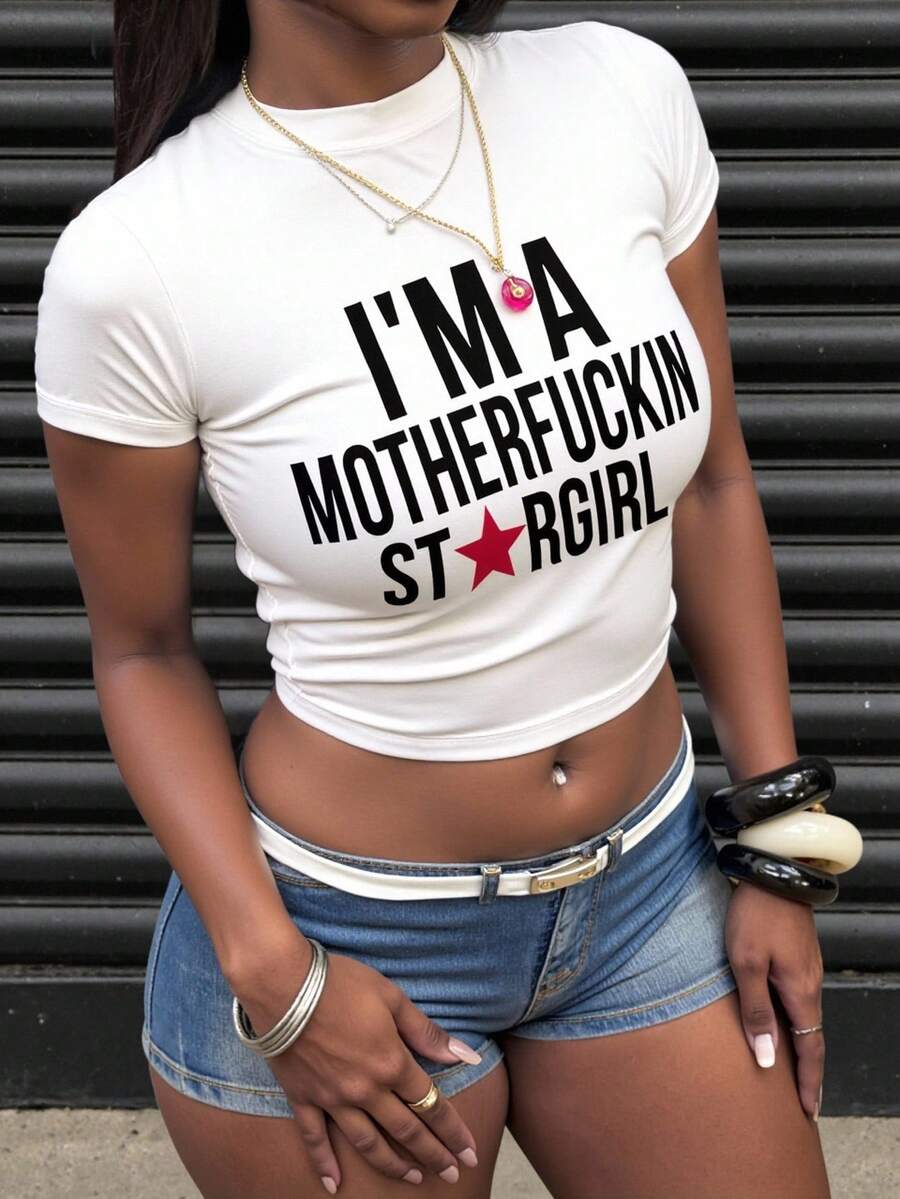 Rovax 女式口号印花性感 Y2K 短款修身短袖 T 恤 - 白色 - 查看 1