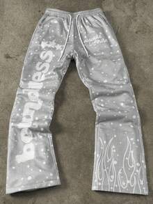 Manfinity EMRG Men's Letter Graphic Print Flared Sweatpants,Fashionable Grey Streetwear Summer Work Pants,Elastic Warm Winter Apparel,Gift For Boyfriend,Campus - Light Grey - View 4