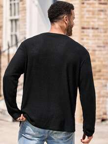 EASEVO Plus Size Men's Casual Solid Color Long Sleeve T-Shirt - Black - View 2