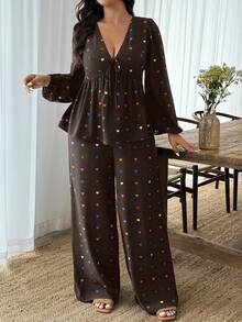 SHEIN LUNE Plus Size Heart Print Shirt And Pants 2 Pieces Set - Multicolor - View 5