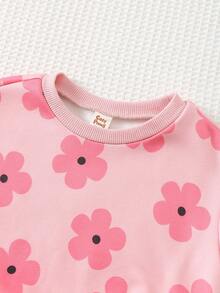 Cozy Pixies Set de 2 piezas de sudadera con cuello redondo de punto suave con mangas raglán y estampado floral y leggings de cintura elástica para niña bebé - Rosa - Ver 4