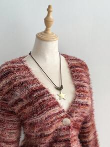 Elamini Pink Maillard Feather Fuzzy Casual Knit Cardigan For Women - Coral Pink - View 4