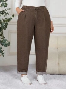 SHEIN CURVE+ 休闲时尚百搭简约纽扣口袋大码女式牛仔裤 - 棕色 - 查看 3