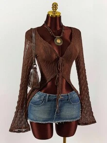 Amplova 90s Bell Sleeve Tie Front Textured Sheer Top - Chocolate Brown - View 1