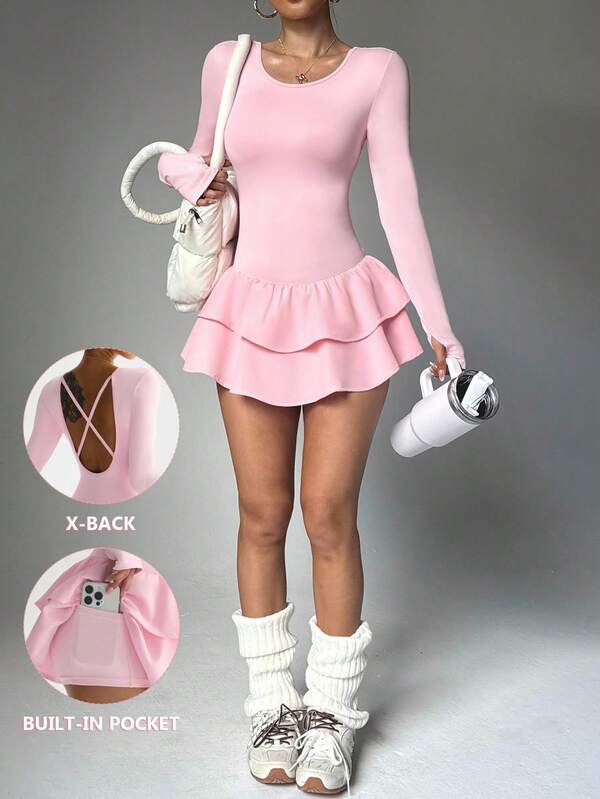 Dewbera Vestido deportivo de verano para mujer, diseño sin espalda de manga corta, tela de seda de leche con forro, cinturilla con bolsillos, falda de doble capa, adecuado para deportes al aire libre, yoga, gimnasio, tenis, correr