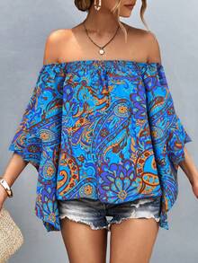 Breezaya Blusa de hombros descubiertos con estampado vintage para mujer - Azul - Ver 3
