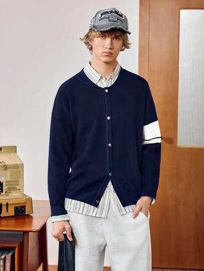 Manfinity Joysei Men's Contrast Color Casual Front Button Closure Round Neck Knit Cardigan, For Fall Winter