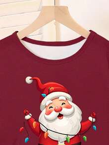 青少年女孩圣诞圣诞老人印花牛奶丝勃艮第圆领长袖上衣 + 全身勃艮第格子宽松舒适两件套睡衣套装，圣诞红格子裤套装，圣诞主题 - 酒紅色 - 查看 4