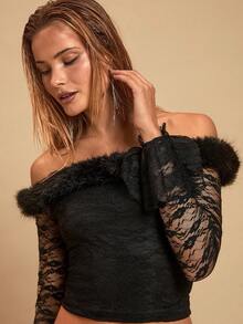 Glamine Elegant Black Lace Off Shoulder Flare Sleeve T-Shirt&Bodycon Ruffle Hem Skirt Women's 2-Piece Set,Summer Dinner Evening Gala Party Outfit - Black - View 3
