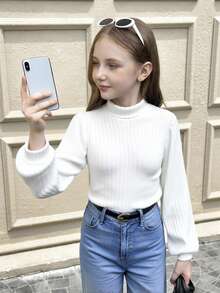 SHEIN 少女纯白色罗纹高领灯笼长袖T恤，休闲日常穿着，可与妈妈亲子装搭配，时尚秋季款