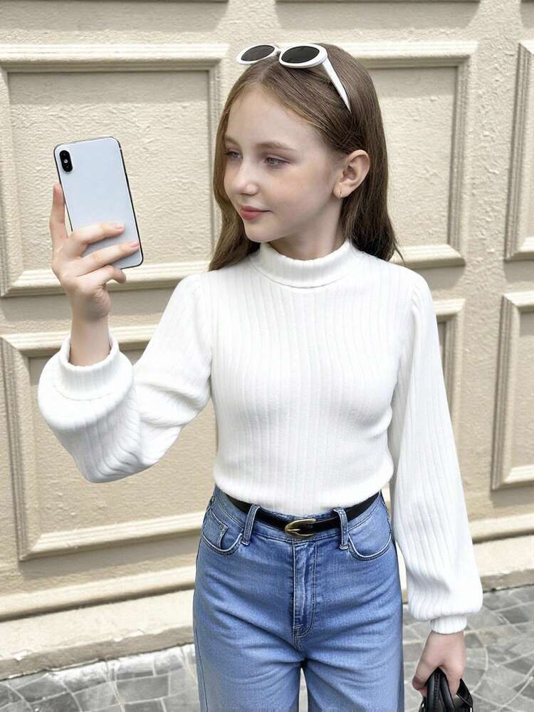 SHEIN חולצת טי עם שרוולים ארוכים וצווארון גולף מבד מצולע לבן אחיד לבנות, לבוש יומיומי קז'ואל, תואם לאמא ואני, סתיו שיקי - לבן - ראה 15