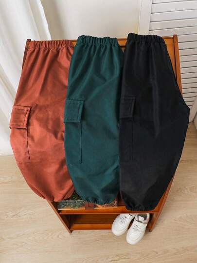 SHEIN 3 件套年轻男孩休闲运动街头服饰可爱度假黑色装饰条纹宽松绿色/黑色/卡其色慢跑裤，适合日常穿着、上学、旅行、运动、春夏秋冬