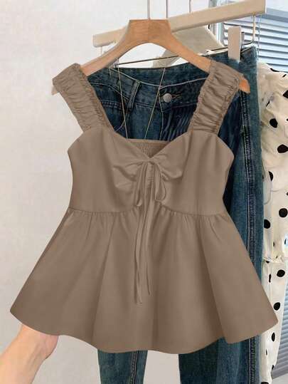 SHEIN LUNE 大码女式休闲纯色蝴蝶结褶皱吊带背心，夏季