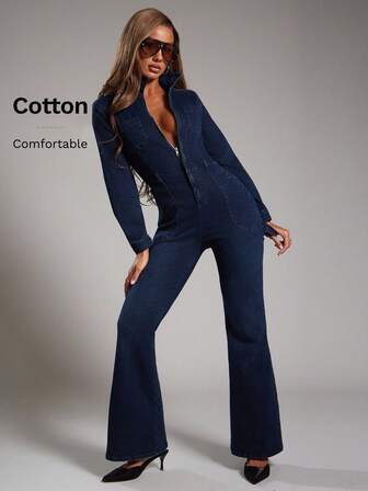 NYA SZN Jumpsuit Denim Fitted Bodycon Cargo Pocket Detail Cinch Streetwear Country Modest Old Money Church Business Casual Office Teacher Fall Winter Suitable For Commuting Thanksgiving Christmas NYE New Years Eve Outfits For Women