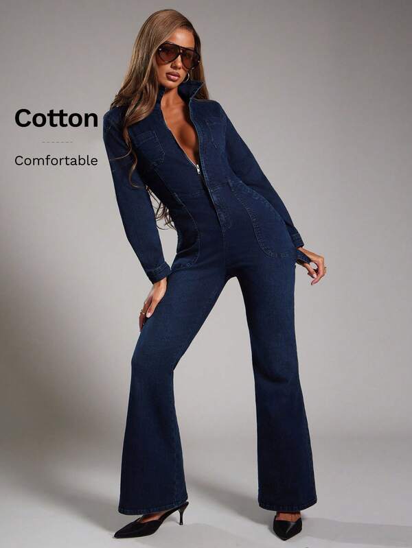 NYA SZN Jumpsuit Denim Fitted Bodycon Cargo Pocket Detail Cinch Streetwear Country Modest Old Money Church Business Casual Office Teacher Fall Winter Suitable For Commuting Statement Valentines Day Outfits For Women