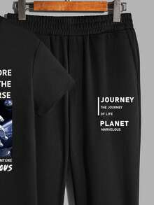 Manfinity Homme Astronaut Space Themed Typography Print Casual Slim Fit Men's Black Short Sleeve T-Shirt And Pants Set