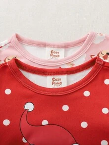 Cozy Pixies 4 件套女婴圣诞老人图案针织柔软圆领长袖上衣和松紧腰紧身裤舒适睡衣套装，秋冬 - 粉色 - 查看 5