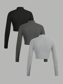 SHEIN EZwear 3 件套女式拉链罗纹面料高领长袖 T 恤套装，适合春秋季 - 彩色 - 查看 2