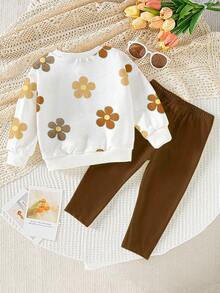 SHEIN Playful Pals 女嬰休閒可愛家庭套裝 花卉印花圓領衛衣與內搭褲套裝 秋冬款 棕色與黃色 深棕色 校園風 - 彩色 - 查看 2