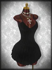 Y2K Amplova Women's Solid Color Toothpick Striped Design Fashionable Bodycon Cami Mini Dress Orange Dress - Black - View 1