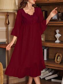 3D刺绣二合一V领荷叶袖女士睡裙娃娃衫假日季、宽松长袍、秋季、冬季 - 酒紅色 - 查看 6