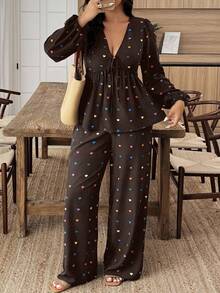 SHEIN LUNE Plus Size Heart Print Shirt And Pants 2 Pieces Set - Multicolor - View 3