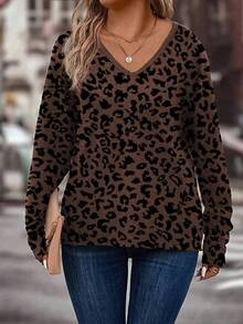 EMERY ROSE Plus Size Casual Leopard Print V-Neck Long Sleeve T-Shirt