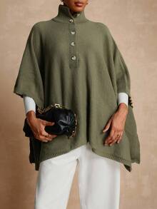 Lyxana Women's Solid Color High Collar Button Elegant Poncho Sweater - Army Green - View 4