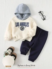 Cozy Pixies 2 pezzi Set di felpa con cappuccio a maniche lunghe con stampa di lettere e pantaloni in vita elastica per bambino