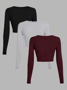 SHEIN EZwear 3件套黑色、灰色、酒红色休闲U领修身短款长袖T恤，适合秋冬季 - 彩色 - 查看 2