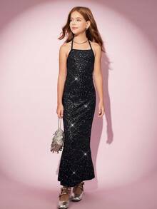 青少年女孩派对晚礼服优雅金属针织挂脖修身长裙 - 黑色 - 查看 5
