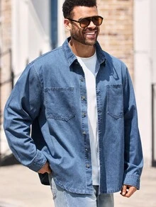 EASEVO 男士加大码休闲牛仔衬衫，长袖上衣