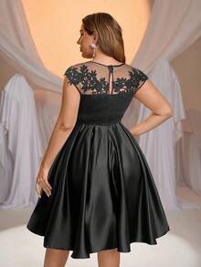Glamrae Plus Size Elegant Black Collar Sheer Lace Applique Patchwork A-Line Wedding Dress, Bridal Gown For Gift & Ceremony