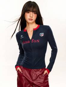 Rina Fox 2025 女士时尚拉链字母印花长袖T恤 - 藏蓝色 - 查看 6