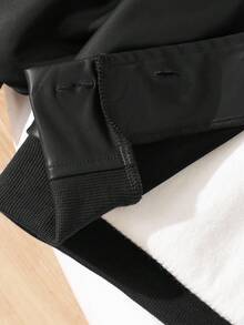 Áo khoác da PU cổ tròn tay dài màu nâu phong cách đường phố dành cho bé gái, thiết kế đơn giản với hàng nút viền đen đơn, túi giả, cổ tay và gấu áo có gân, áo khoác thời trang và thoải mái cho mùa xuân/thu - màu đen - Xem 6