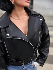 EURMUSE Woman Leather Long Sleeve Belted Zipper Asymmetric Front Zip Up Pockets Autumn Winter Lady Going Out Coat Jacket Women S Street Wear - Black - View 5