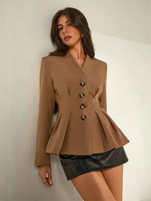 Chiquease Almamuse-D Khaki Vintage Waist Jacket, Collarless V-Neck Waist Design, Single-Breasted, Fashionable Retro Office Lady Blazer - Khaki - View 1