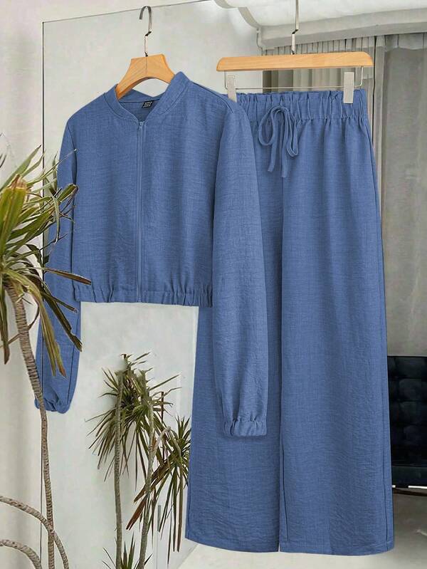 SHEIN LUNE Casual Solid Color Zip-Up Jacket And Wide Leg Pants Set