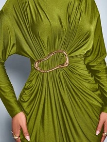 SOLERSUN Đầm ôm body dài tay trang trí kim loại màu trơn thanh lịch cho nữ trang phục dự tiệc cưới lãng mạn, tiệc tốt nghiệp, tiệc vũ hội - Màu xanh Ô liu - Xem 6