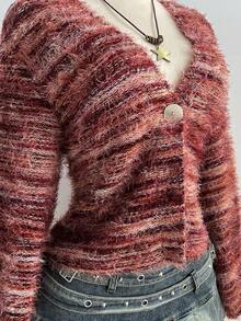 Elamini Pink Maillard Feather Fuzzy Casual Knit Cardigan For Women - Coral Pink - View 3