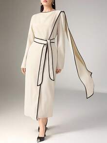 Heiryn Autumn New Asymmetrical Wrap Ribbon Contrast Color High-End Dress
