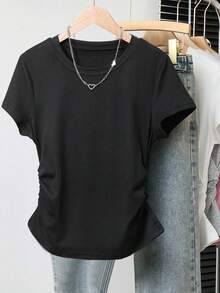 INAWLY 5件套女士休闲腰部褶皱短袖T恤，修身设计，白色、酒红色、黑色、咖啡色、浅灰色，适合日常穿着和户外穿着 - 彩色 - 查看 7