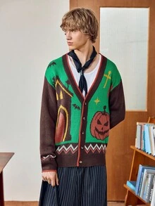 Manfinity Joysei 男士万圣节拼色南瓜图案开衫万圣节派对，万圣节毛衣万圣节开衫南瓜毛衣哥特毛衣毛衣开衫，秋冬 - 彩色 - 查看 6