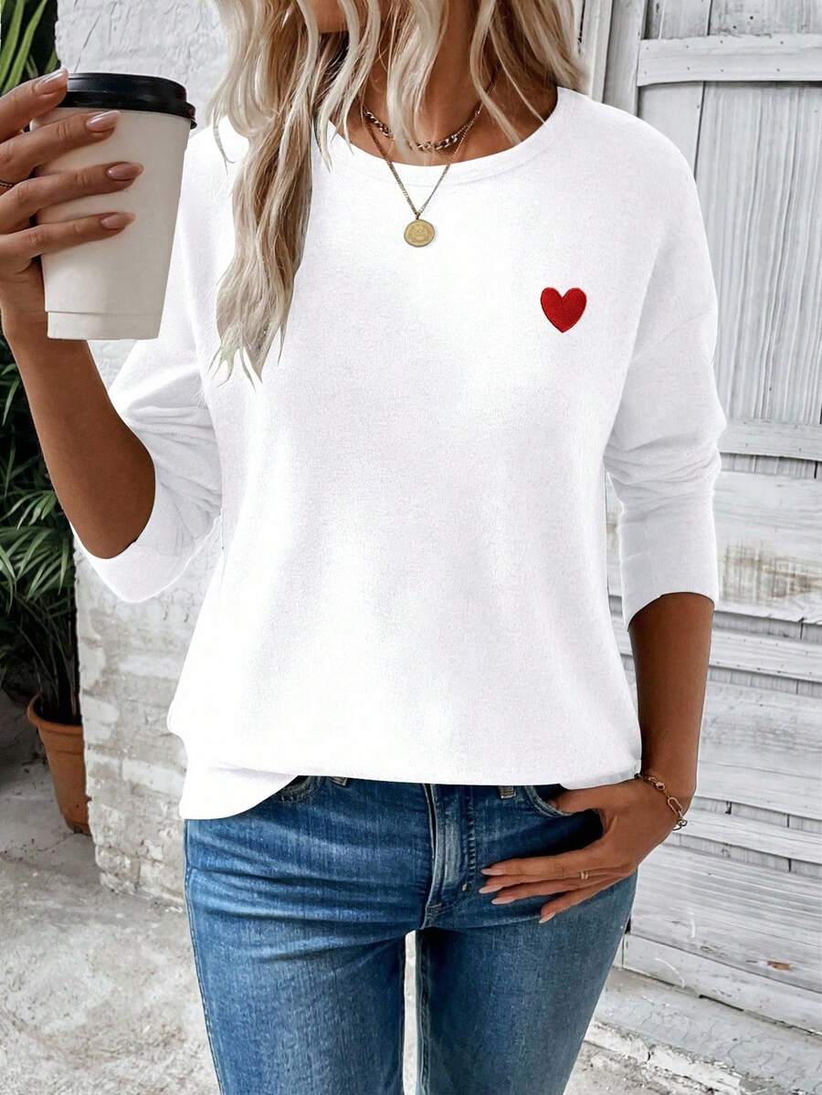 EMERY ROSE Women's New Fashion Heart Print Round Neck Long Sleeve T-Shirt - White - View 1