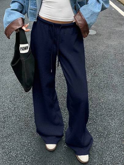 SHEIN EZwear Navy Blue Women's Casual Loose Front Tie Sweatpants, Suitable For Everyday Wear And Back To School Season, Autumn/Winter