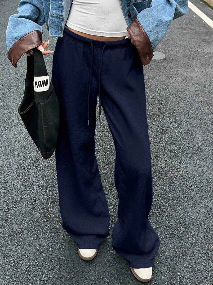 SHEIN EZwear Quần nỉ dài buộc dây phía trước màu xanh navy dành cho nữ, thích hợp mặc hàng ngày và mùa tựu trường, Thu/Đông - Màu xanh hải quân - Xem 1