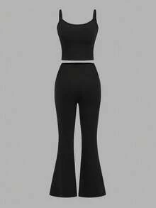 SHEIN EZwear Bộ áo hai dây buộc và quần màu đen tương phản, phù hợp cho mùa xuân/hè - màu đen - Xem 2