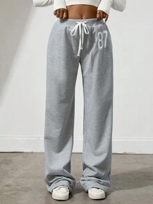 Flirla Tall 灰色 87 刺绣图案罗纹腰带低腰抽绳系带口袋直筒阔腿运动裤，适合高个子女性，秋冬，简约，百搭，休闲，舒适，运动，复古，适合通勤，学校，老师，日常穿着 - 灰色 - 查看 5