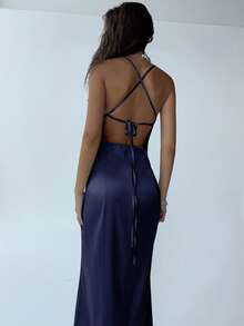 Aloruh 女士优雅纯色褶皱细肩带露背连衣裙，夏季 - 藏蓝色 - 查看 2